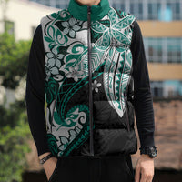 Monstera Plumeria Flowers Teal Sleeveless Puffer Jacket Polynesian Pattern LT01 - Polynesian Pride