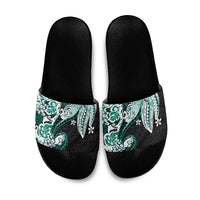 Monstera Plumeria Flowers Teal Slide Sandals Polynesian Pattern LT01 Teal - Polynesian Pride