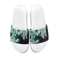 Monstera Plumeria Flowers Teal Slide Sandals Polynesian Pattern LT01 Teal - Polynesian Pride