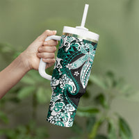 Monstera Plumeria Flowers Teal Tumbler With Handle Polynesian Pattern LT01 - Polynesian Pride