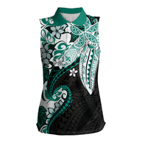 Monstera Plumeria Flowers Teal Women Sleeveless Polo Shirt Polynesian Pattern LT01 Female Teal - Polynesian Pride