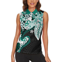 Monstera Plumeria Flowers Teal Women Sleeveless Polo Shirt Polynesian Pattern LT01 - Polynesian Pride