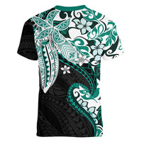 Monstera Plumeria Flowers Teal Women V-Neck T-Shirt Polynesian Pattern LT01 - Polynesian Pride