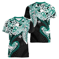 Monstera Plumeria Flowers Teal Women V-Neck T-Shirt Polynesian Pattern LT01 - Polynesian Pride