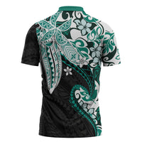 Monstera Plumeria Flowers Teal Zipper Polo Shirt Polynesian Pattern LT01 - Polynesian Pride