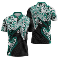 Monstera Plumeria Flowers Teal Zipper Polo Shirt Polynesian Pattern LT01 - Polynesian Pride
