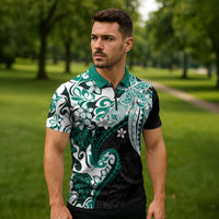 Monstera Plumeria Flowers Teal Zipper Polo Shirt Polynesian Pattern LT01 - Polynesian Pride