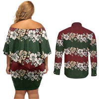 Hawaiian Hibiscus Christmas Color Couples Matching Off Shoulder Short Dress and Long Sleeve Button Shirt Unique