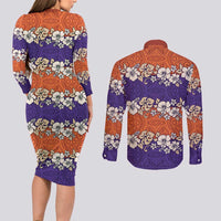 Hawaiian Hibiscus Couples Matching Long Sleeve Bodycon Dress and Long Sleeve Button Shirt Orange and Purple Unique LT01 - Polynesian Pride