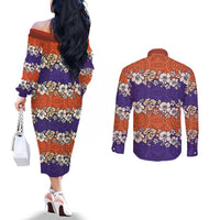 Hawaiian Hibiscus Couples Matching Off The Shoulder Long Sleeve Dress and Long Sleeve Button Shirt Orange and Purple Unique LT01 - Polynesian Pride