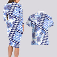 Hawaii Quilt Couples Matching Long Sleeve Bodycon Dress and Hawaiian Shirt Kakau Polynesian Pattern Blue Version LT01 - Polynesian Pride