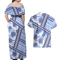 Hawaii Quilt Couples Matching Off Shoulder Maxi Dress and Hawaiian Shirt Kakau Polynesian Pattern Blue Version LT01 - Polynesian Pride