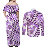 Hawaii Quilt Couples Matching Off Shoulder Maxi Dress and Long Sleeve Button Shirt Kakau Polynesian Pattern Lilac Version LT01 - Polynesian Pride