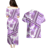 Hawaii Quilt Couples Matching Puletasi Dress and Hawaiian Shirt Kakau Polynesian Pattern Lilac Version LT01 - Polynesian Pride