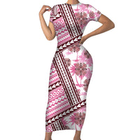 Hawaii Quilt Short Sleeve Bodycon Dress Kakau Polynesian Pattern Mauve Pink Version LT01 Long Dress Pink - Polynesian Pride