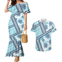 Hawaii Quilt Couples Matching Mermaid Dress and Hawaiian Shirt Kakau Polynesian Pattern Sky Blue Version LT01 Blue - Polynesian Pride