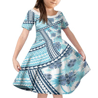Hawaii Quilt Family Matching Off Shoulder Short Dress and Hawaiian Shirt Kakau Polynesian Pattern Sky Blue Version LT01 Daughter's Dress Blue - Polynesian Pride
