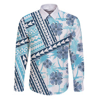 Hawaii Quilt Family Matching Puletasi Dress and Hawaiian Shirt Kakau Polynesian Pattern Sky Blue Version LT01 Dad's Shirt - Long Sleeve Blue - Polynesian Pride
