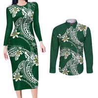 Polynesian Hawaiian Plumeria Tribal Pattern Couples Matching Long Sleeve Bodycon Dress and Long Sleeve Button Shirt Green Version LT01 Green - Polynesian Pride