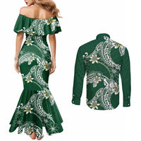 Polynesian Hawaiian Plumeria Tribal Pattern Couples Matching Mermaid Dress and Long Sleeve Button Shirt Green Version LT01 - Polynesian Pride