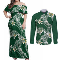 Polynesian Hawaiian Plumeria Tribal Pattern Couples Matching Off Shoulder Maxi Dress and Long Sleeve Button Shirt Green Version LT01 Green - Polynesian Pride