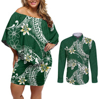 Polynesian Hawaiian Plumeria Tribal Pattern Couples Matching Off Shoulder Short Dress and Long Sleeve Button Shirt Green Version LT01 Green - Polynesian Pride