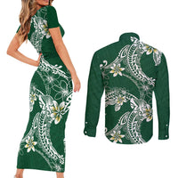 Polynesian Hawaiian Plumeria Tribal Pattern Couples Matching Short Sleeve Bodycon Dress and Long Sleeve Button Shirt Green Version LT01 - Polynesian Pride