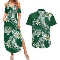Polynesian Hawaiian Plumeria Tribal Pattern Couples Matching Summer Maxi Dress and Hawaiian Shirt Green Version LT01 Green - Polynesian Pride