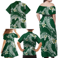 Polynesian Hawaiian Plumeria Tribal Pattern Family Matching Off Shoulder Maxi Dress and Hawaiian Shirt Green Version