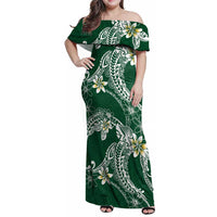 Polynesian Hawaiian Plumeria Tribal Pattern Family Matching Off Shoulder Maxi Dress and Hawaiian Shirt Green Version