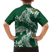 Polynesian Hawaiian Plumeria Tribal Pattern Family Matching Short Sleeve Bodycon Dress and Hawaiian Shirt Green Version