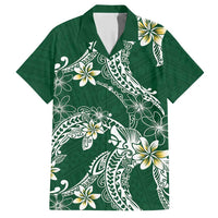 Polynesian Hawaiian Plumeria Tribal Pattern Family Matching Short Sleeve Bodycon Dress and Hawaiian Shirt Green Version
