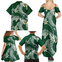 Polynesian Hawaiian Plumeria Tribal Pattern Family Matching Summer Maxi Dress and Hawaiian Shirt Green Version