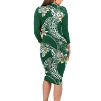 Polynesian Hawaiian Plumeria Tribal Pattern Long Sleeve Bodycon Dress Green Version