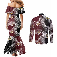 Polynesian Hawaiian Plumeria Tribal Pattern Couples Matching Mermaid Dress and Long Sleeve Button Shirt Special Wine Red Version LT01 - Polynesian Pride