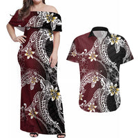 Polynesian Hawaiian Plumeria Tribal Pattern Couples Matching Off Shoulder Maxi Dress and Hawaiian Shirt Special Wine Red Version LT01 Red - Polynesian Pride
