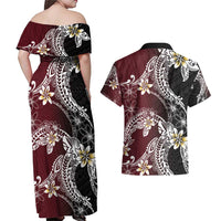 Polynesian Hawaiian Plumeria Tribal Pattern Couples Matching Off Shoulder Maxi Dress and Hawaiian Shirt Special Wine Red Version LT01 - Polynesian Pride