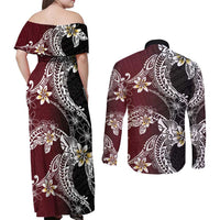 Polynesian Hawaiian Plumeria Tribal Pattern Couples Matching Off Shoulder Maxi Dress and Long Sleeve Button Shirt Special Wine Red Version LT01 - Polynesian Pride