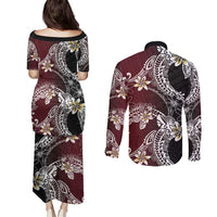 Polynesian Hawaiian Plumeria Tribal Pattern Couples Matching Puletasi and Long Sleeve Button Shirt Special Wine Red Version LT01 - Polynesian Pride