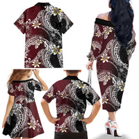 Polynesian Hawaiian Plumeria Tribal Pattern Family Matching Off The Shoulder Long Sleeve Dress and Hawaiian Shirt Special Wine Red Version