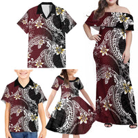 Polynesian Hawaiian Plumeria Tribal Pattern Family Matching Off Shoulder Maxi Dress and Hawaiian Shirt Special Wine Red Version