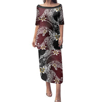 Polynesian Hawaiian Plumeria Tribal Pattern Family Matching Puletasi and Hawaiian Shirt Special Wine Red Version
