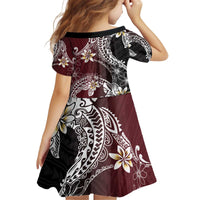 Polynesian Hawaiian Plumeria Tribal Pattern Kid Short Sleeve Dress Special Wine Red Version