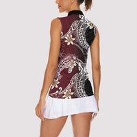 Polynesian Hawaiian Plumeria Tribal Pattern Women Sleeveless Polo Shirt Special Wine Red Version