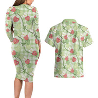 Anthurium Pikake Ti Leaf Palaka Couples Matching Long Sleeve Bodycon Dress and Hawaiian Shirt Green Version LT01 - Polynesian Pride
