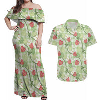 Anthurium Pikake Ti Leaf Palaka Couples Matching Off Shoulder Maxi Dress and Hawaiian Shirt Green Version LT01 Green - Polynesian Pride