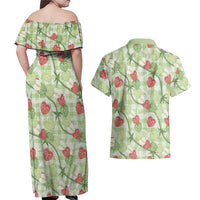 Anthurium Pikake Ti Leaf Palaka Couples Matching Off Shoulder Maxi Dress and Hawaiian Shirt Green Version LT01 - Polynesian Pride