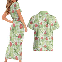 Anthurium Pikake Ti Leaf Palaka Couples Matching Short Sleeve Bodycon Dress and Hawaiian Shirt Green Version LT01 - Polynesian Pride
