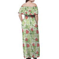 Anthurium Pikake Ti Leaf Palaka Off Shoulder Maxi Dress Green Version LT01 - Polynesian Pride