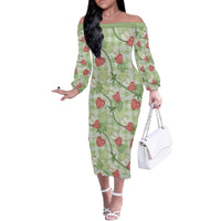 Anthurium Pikake Ti Leaf Palaka Off The Shoulder Long Sleeve Dress Green Version LT01 Women Green - Polynesian Pride